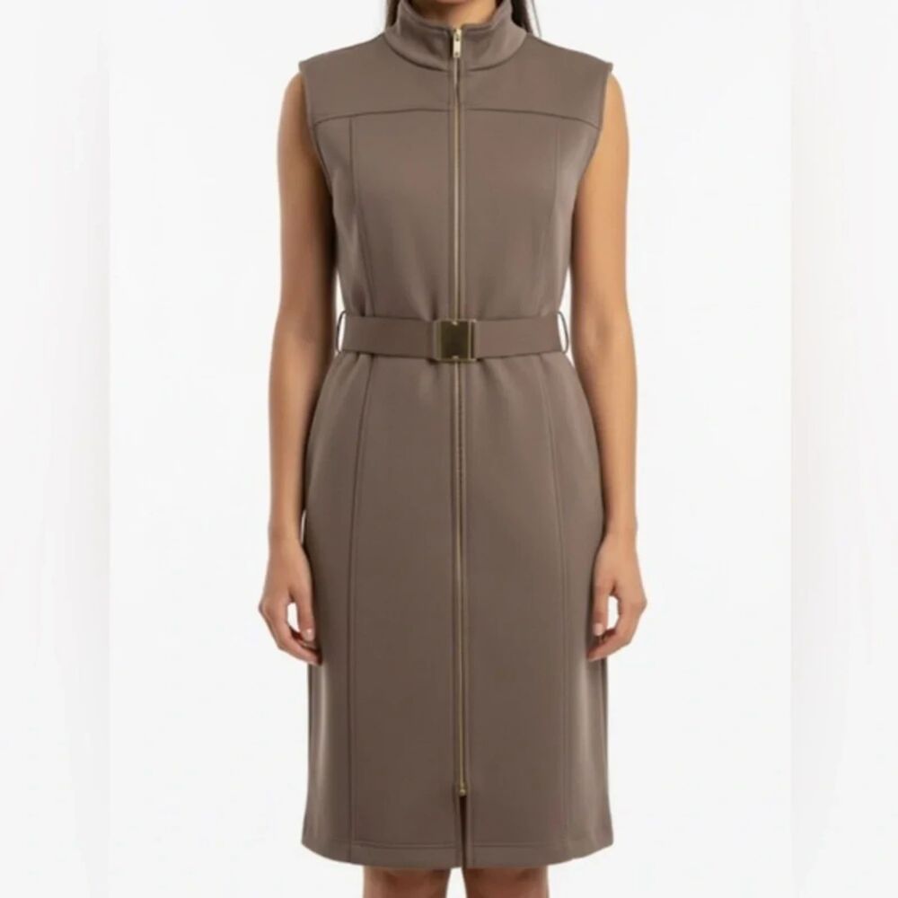 Tommy Hilfiger Black Sleeveless Zip Front Scuba Dress Belted Olive Size 8